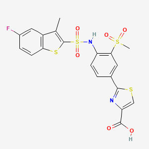 molecular formula C20H15FN2O6S4 B1683687 2-(4-((5-Fluoro-3-methylbenzo[b]thiophene)-2-sulfonamido)-3-(methylsulfonyl)phenyl)thiazole-4-carboxylic acid CAS No. 603987-59-3