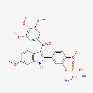 molecular formula C26H24NNa2O10P B1683792 sodium 2-methoxy-5-(6-methoxy-3-(3,4,5-trimethoxybenzoyl)-1H-indol-2-yl)phenyl phosphate CAS No. 288847-41-6
