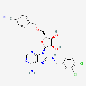 molecular formula C25H23Cl2N7O4 B1683810 5'-O-[(4-Cyanophenyl)methyl]-8-[[(3,4-dichlorophenyl)methyl]amino]-adenosine CAS No. 1134156-31-2
