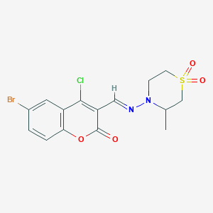 molecular formula C15H14BrClN2O4S B1683951 6-Bromo-4-chloro-3-[(E)-(3-methyl-1,1-dioxo-1,4-thiazinan-4-yl)iminomethyl]chromen-2-one CAS No. 1041469-97-9