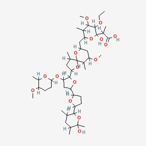 molecular formula C47H80O16 B1684078 2-[3-Ethoxy-2-hydroxy-6-[[2-[5-[5-(6-hydroxy-3,5,6-trimethyloxan-2-yl)oxolan-2-yl]-3-(5-methoxy-6-methyloxan-2-yl)oxyoxolan-2-yl]-7-methoxy-4,6-dimethyl-1,10-dioxaspiro[4.5]decan-9-yl]methyl]-4-methoxy-5-methyloxan-2-yl]propanoic acid CAS No. 110368-36-0