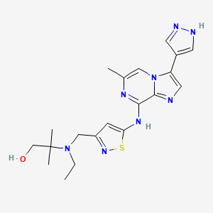 molecular formula C20H26N8OS B1684296 2-(Ethyl((5-((6-methyl-3-(1H-pyrazol-4-yl)imidazo[1,2-a]pyrazin-8-yl)amino)isothiazol-3-yl)methyl)amino)-2-methylpropan-1-ol CAS No. 1094069-99-4
