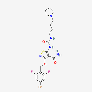 molecular formula C20H24BrF2N5O3S B1684471 3-((4-Bromo-2,6-difluorobenzyl)oxy)-5-(3-(4-(pyrrolidin-1-yl)butyl)ureido)isothiazole-4-carboxamide CAS No. 252003-65-9