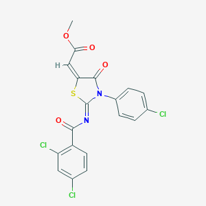 molecular formula C19H11Cl3N2O4S B170370 2-[3-(4-Chlorophenyl)-2-[(2,4-dichlorobenzoyl)imino]-4-oxo-5-thiazolidinylidene]-acetic acid, methyl ester CAS No. 173904-50-2