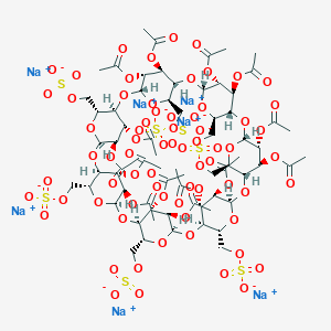 molecular formula C70H91Na7O70S7 B172370 heptasodium;[(1R,3R,5R,6R,8R,10R,11R,13R,15R,16R,18R,20R,21R,23R,25R,26R,28R,30R,31R,33R,35R,36S,37R,38S,39R,40S,41R,42S,43R,44S,45R,46S,47R,48S,49R)-36,37,38,39,40,41,42,43,44,45,46,47,48,49-tetradecaacetyloxy-10,15,20,25,30,35-hexakis(sulfonatooxymethyl)-2,4,7,9,12,14,17,19,22,24,27,29,32,34-tetradecaoxaoctacyclo[31.2.2.23,6.28,11.213,16.218,21.223,26.228,31]nonatetracontan-5-yl]methyl sulfate CAS No. 196398-66-0