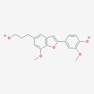 molecular formula C19H20O5 B173357 4-(5-(3-Hydroxypropyl)-7-methoxybenzofuran-2-yl)-2-methoxyphenol CAS No. 144735-57-9