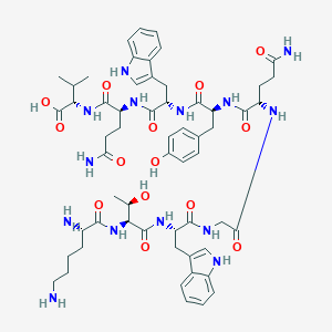 B174245 (2S)-2-[[(2S)-5-Amino-2-[[(2S)-2-[[(2S)-2-[[(2S)-5-amino-2-[[2-[[(2S)-2-[[(2S,3R)-2-[[(2S)-2,6-diaminohexanoyl]amino]-3-hydroxybutanoyl]amino]-3-(1H-indol-3-yl)propanoyl]amino]acetyl]amino]-5-oxopentanoyl]amino]-3-(4-hydroxyphenyl)propanoyl]amino]-3-(1H-indol-3-yl)propanoyl]amino]-5-oxopentanoyl]amino]-3-methylbutanoic acid CAS No. 162558-08-9