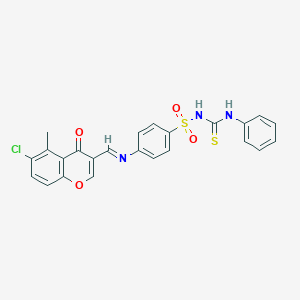 molecular formula C24H18ClN3O4S2 B174350 Benzenesulfonamide, 4-(((6-chloro-5-methyl-4-oxo-4H-1-benzopyran-3-yl)methylene)amino)-N-((phenylamino)thioxomethyl)- CAS No. 198649-77-3