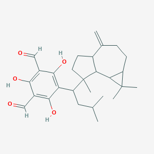 molecular formula C28H38O5 B177778 2,4,6-Trihydroxy-5-[3-methyl-1-(1,1,7-trimethyl-4-methylidene-1a,2,3,4a,5,6,7a,7b-octahydrocyclopropa[h]azulen-7-yl)butyl]benzene-1,3-dicarbaldehyde CAS No. 142628-53-3