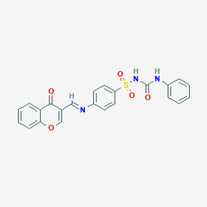 molecular formula C23H17N3O5S B179831 Benzenesulfonamide, 4-(((4-oxo-4H-1-benzopyran-3-yl)methylene)amino)-N-((phenylamino)carbonyl)- CAS No. 198649-70-6