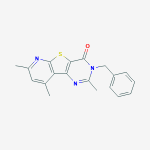 molecular formula C19H17N3OS B183265 Pyrido(3',2':4,5)thieno(3,2-d)pyrimidin-4(3H)-one, 3-(phenylmethyl)-2,7,9-trimethyl- CAS No. 89481-28-7