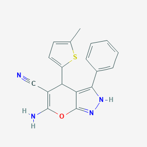 molecular formula C18H14N4OS B186289 6-Amino-4-(5-methylthiophen-2-yl)-3-phenyl-2,4-dihydropyrano[2,3-c]pyrazole-5-carbonitrile CAS No. 5087-78-5