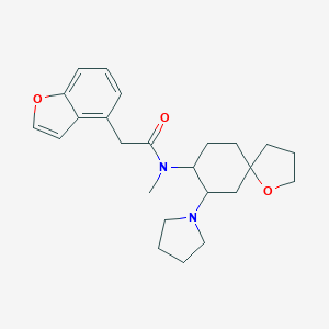 molecular formula C24H32N2O3 B020227 4-Benzofuranacetamide, N-methyl-N-(7-(1-pyrrolidinyl)-1-oxaspiro(4.5)dec-8-yl)- CAS No. 107431-28-7
