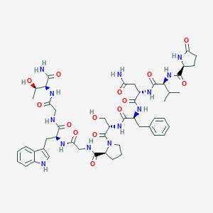 molecular formula C50H67N13O14 B020238 (2S)-N-[(2S)-1-[[(2S)-1-[(2S)-2-[[2-[[(2S)-1-[[2-[[(2S,3R)-1-amino-3-hydroxy-1-oxobutan-2-yl]amino]-2-oxoethyl]amino]-3-(1H-indol-3-yl)-1-oxopropan-2-yl]amino]-2-oxoethyl]carbamoyl]pyrrolidin-1-yl]-3-hydroxy-1-oxopropan-2-yl]amino]-1-oxo-3-phenylpropan-2-yl]-2-[[(2S)-3-methyl-2-[[(2S)-5-oxopyrrolidine-2-carbonyl]amino]butanoyl]amino]butanediamide CAS No. 106018-36-4