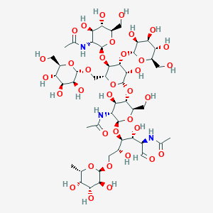 molecular formula C48H81N3O35 B020589 N-[(2S,3R,4R,5S,6R)-2-[(2R,3R,4R,5S,6S)-6-[(2R,3S,4R,5R,6S)-5-acetamido-6-[(2R,3S,4R,5R)-5-acetamido-2,4-dihydroxy-6-oxo-1-[(2R,3S,4R,5S,6S)-3,4,5-trihydroxy-6-methyloxan-2-yl]oxyhexan-3-yl]oxy-4-hydroxy-2-(hydroxymethyl)oxan-3-yl]oxy-5-hydroxy-4-[(2S,3S,4S,5S,6R)-3,4,5-trihydroxy-6-(hydroxymethyl)oxan-2-yl]oxy-2-[[(2S,3S,4S,5S,6R)-3,4,5-trihydroxy-6-(hydroxymethyl)oxan-2-yl]oxymethyl]oxan-3-yl]oxy-4,5-dihydroxy-6-(hydroxymethyl)oxan-3-yl]acetamide CAS No. 110402-13-6