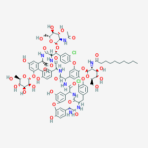 molecular formula C88H97Cl2N9O33 B021304 (1S,2R,19R,22S,34S,37R,40R,52S)-2-[(2R,3R,4R,5S,6R)-3-acetamido-4,5-dihydroxy-6-(hydroxymethyl)oxan-2-yl]oxy-22-amino-5,15-dichloro-64-[(2S,3R,4R,5S,6R)-3-(decanoylamino)-4,5-dihydroxy-6-(hydroxymethyl)oxan-2-yl]oxy-26,31,44,49-tetrahydroxy-21,35,38,54,56,59-hexaoxo-47-[(2R,3S,4S,5S,6R)-3,4,5-trihydroxy-6-(hydroxymethyl)oxan-2-yl]oxy-7,13,28-trioxa-20,36,39,53,55,58-hexazaundecacyclo[38.14.2.23,6.214,17.219,34.18,12.123,27.129,33.141,45.010,37.046,51]hexahexaconta-3,5,8,10,12(64),14,16,23(61),24,26,29(60),30,32,41(57),42,44,46(51),47,49,62,65-henicosaene-52-carboxylic acid CAS No. 91032-36-9