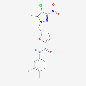 molecular formula C17H14ClFN4O4 B213690 5-[(4-CHLORO-5-METHYL-3-NITRO-1H-PYRAZOL-1-YL)METHYL]-N-(3-FLUORO-4-METHYLPHENYL)-2-FURAMIDE 
