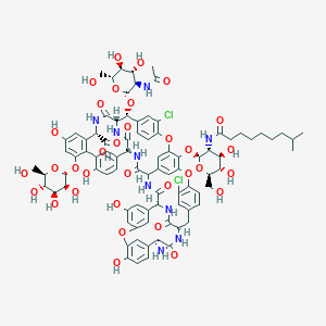 molecular formula C88H97Cl2N9O33 B021373 (1S,2R,19R,22S,34S,37R,40R,52S)-2-[(2R,3R,4R,5S,6R)-3-acetamido-4,5-dihydroxy-6-(hydroxymethyl)oxan-2-yl]oxy-22-amino-5,15-dichloro-64-[(2S,3R,4R,5S,6R)-4,5-dihydroxy-6-(hydroxymethyl)-3-(8-methylnonanoylamino)oxan-2-yl]oxy-26,31,44,49-tetrahydroxy-21,35,38,54,56,59-hexaoxo-47-[(2R,3S,4S,5S,6R)-3,4,5-trihydroxy-6-(hydroxymethyl)oxan-2-yl]oxy-7,13,28-trioxa-20,36,39,53,55,58-hexazaundecacyclo[38.14.2.23,6.214,17.219,34.18,12.123,27.129,33.141,45.010,37.046,51]hexahexaconta-3,5,8,10,12(64),14,16,23(61),24,26,29(60),30,32,41(57),42,44,46(51),47,49,62,65-henicosaene-52-carboxylic acid CAS No. 91032-26-7