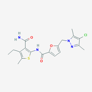 molecular formula C19H21ClN4O3S B213990 N-[3-(aminocarbonyl)-4-ethyl-5-methyl-2-thienyl]-5-[(4-chloro-3,5-dimethyl-1H-pyrazol-1-yl)methyl]-2-furamide 