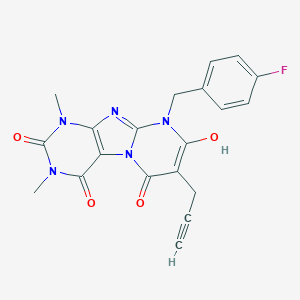molecular formula C20H16FN5O4 B021718 9-[(4-Fluorophenyl)methyl]-8-hydroxy-1,3-dimethyl-7-prop-2-ynylpurino[7,8-a]pyrimidine-2,4,6-trione CAS No. 102212-74-8