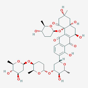 molecular formula C43H58O18 B022251 (3R,4aS,6R,12bS)-9-[(2R,4R,5R,6R)-4-[(2S,5S,6S)-5-[(2S,4R,5S,6R)-4,5-dihydroxy-6-methyloxan-2-yl]oxy-6-methyloxan-2-yl]oxy-5-hydroxy-6-methyloxan-2-yl]-3,4a,6,8-tetrahydroxy-12b-[(2S,5S,6R)-5-hydroxy-6-methyloxan-2-yl]oxy-3-methyl-2,4,5,6-tetrahydrobenzo[a]anthracene-1,7,12-trione CAS No. 104562-12-1