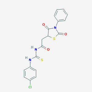 molecular formula C18H14ClN3O3S2 B226892 N-[(4-chlorophenyl)carbamothioyl]-2-(2,4-dioxo-3-phenyl-1,3-thiazolidin-5-yl)acetamide 