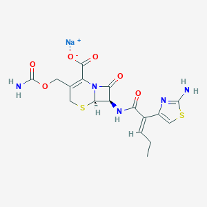 molecular formula C17H18N5NaO6S2 B233536 sodium;(6R,7R)-7-[[(E)-2-(2-amino-1,3-thiazol-4-yl)pent-2-enoyl]amino]-3-(carbamoyloxymethyl)-8-oxo-5-thia-1-azabicyclo[4.2.0]oct-2-ene-2-carboxylate CAS No. 152824-70-9