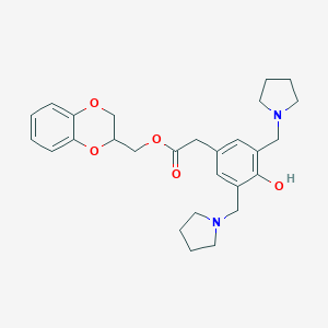 molecular formula C27H34N2O5 B233916 Bis(pyrrolidinomethyl)-4-hydroxyphenylacetic acid 1,4-benzodioxanyl-2-methyl ester CAS No. 149110-76-9