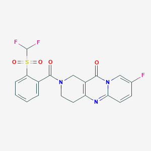 molecular formula C19H14F3N3O4S B2353817 5-[2-(difluoromethylsulfonyl)benzoyl]-13-fluoro-1,5,9-triazatricyclo[8.4.0.03,8]tetradeca-3(8),9,11,13-tetraen-2-one CAS No. 2034414-10-1