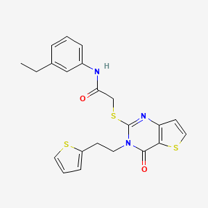 molecular formula C22H21N3O2S3 B2353858 N-(3-ethylphenyl)-2-({4-oxo-3-[2-(thiophen-2-yl)ethyl]-3,4-dihydrothieno[3,2-d]pyrimidin-2-yl}sulfanyl)acetamide CAS No. 1261022-32-5