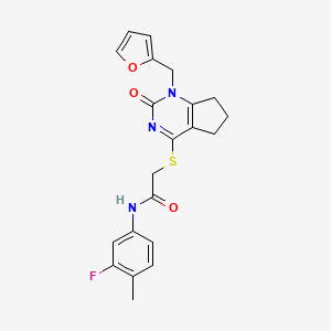 molecular formula C21H20FN3O3S B2353940 N-(3-fluoro-4-methylphenyl)-2-({1-[(furan-2-yl)methyl]-2-oxo-1H,2H,5H,6H,7H-cyclopenta[d]pyrimidin-4-yl}sulfanyl)acetamide CAS No. 946373-57-5