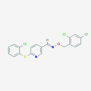 molecular formula C19H13Cl3N2OS B2354033 6-[(2-chlorophenyl)sulfanyl]nicotinaldehyde O-(2,4-dichlorobenzyl)oxime CAS No. 339014-88-9