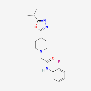 molecular formula C18H23FN4O2 B2354061 N-(2-fluorophenyl)-2-(4-(5-isopropyl-1,3,4-oxadiazol-2-yl)piperidin-1-yl)acetamide CAS No. 1251560-19-6