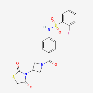molecular formula C19H16FN3O5S2 B2354110 N-(4-(3-(2,4-dioxothiazolidin-3-yl)azetidine-1-carbonyl)phenyl)-2-fluorobenzenesulfonamide CAS No. 2034492-74-3
