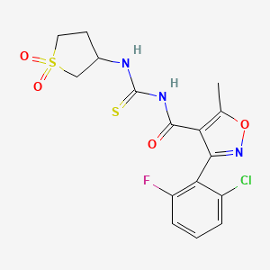 molecular formula C16H15ClFN3O4S2 B2354132 3-(2-chloro-6-fluorophenyl)-N-((1,1-dioxidotetrahydrothiophen-3-yl)carbamothioyl)-5-methylisoxazole-4-carboxamide CAS No. 536722-81-3