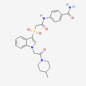 molecular formula C25H28N4O5S B2354153 4-(2-((1-(2-(4-methylpiperidin-1-yl)-2-oxoethyl)-1H-indol-3-yl)sulfonyl)acetamido)benzamide CAS No. 878060-60-7