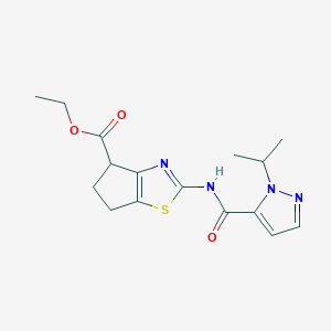 molecular formula C16H20N4O3S B2354203 ethyl 2-(1-isopropyl-1H-pyrazole-5-carboxamido)-5,6-dihydro-4H-cyclopenta[d]thiazole-4-carboxylate CAS No. 1219842-59-7