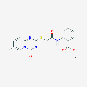 molecular formula C19H18N4O4S B2354478 ethyl 2-[2-({7-methyl-4-oxo-4H-pyrido[1,2-a][1,3,5]triazin-2-yl}sulfanyl)acetamido]benzoate CAS No. 896320-65-3