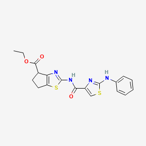 molecular formula C19H18N4O3S2 B2354520 ethyl 2-(2-(phenylamino)thiazole-4-carboxamido)-5,6-dihydro-4H-cyclopenta[d]thiazole-4-carboxylate CAS No. 1203078-02-7