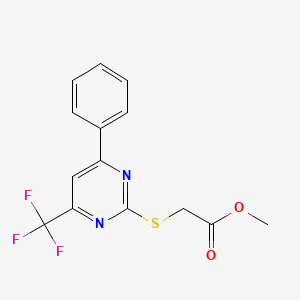 molecular formula C14H11F3N2O2S B2354618 Methyl 2-((4-phenyl-6-(trifluoromethyl)pyrimidin-2-yl)thio)acetate CAS No. 333425-53-9