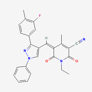 (5Z)-1-ethyl-5-{[3-(3-fluoro-4-methylphenyl)-1-phenyl-1H-pyrazol-4-yl]methylidene}-4-methyl-2,6-dioxo-1,2,5,6-tetrahydropyridine-3-carbonitrile