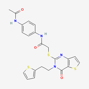 molecular formula C22H20N4O3S3 B2355302 N-[4-(acetylamino)phenyl]-2-({4-oxo-3-[2-(thiophen-2-yl)ethyl]-3,4-dihydrothieno[3,2-d]pyrimidin-2-yl}sulfanyl)acetamide CAS No. 1260622-06-7