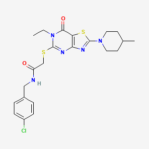 molecular formula C22H26ClN5O2S2 B2355398 N-[(4-chlorophenyl)methyl]-2-{[6-ethyl-2-(4-methylpiperidin-1-yl)-7-oxo-6H,7H-[1,3]thiazolo[4,5-d]pyrimidin-5-yl]sulfanyl}acetamide CAS No. 1207024-92-7