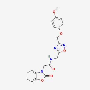molecular formula C20H18N4O6 B2355636 N-((3-((4-methoxyphenoxy)methyl)-1,2,4-oxadiazol-5-yl)methyl)-2-(2-oxobenzo[d]oxazol-3(2H)-yl)acetamide CAS No. 1226455-50-0