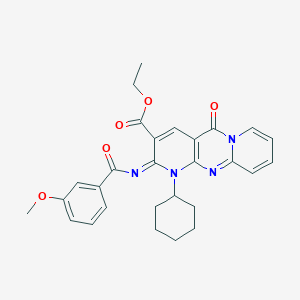 molecular formula C28H28N4O5 B2355655 ethyl 7-cyclohexyl-6-(3-methoxybenzoyl)imino-2-oxo-1,7,9-triazatricyclo[8.4.0.03,8]tetradeca-3(8),4,9,11,13-pentaene-5-carboxylate CAS No. 534579-25-4