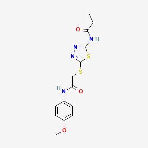 molecular formula C14H16N4O3S2 B2355699 N-(5-((2-((4-methoxyphenyl)amino)-2-oxoethyl)thio)-1,3,4-thiadiazol-2-yl)propionamide CAS No. 392293-46-8