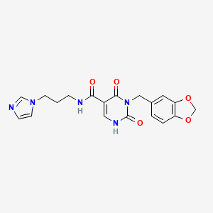 molecular formula C19H19N5O5 B2355764 N-(3-(1H-imidazol-1-yl)propyl)-3-(benzo[d][1,3]dioxol-5-ylmethyl)-2,4-dioxo-1,2,3,4-tetrahydropyrimidine-5-carboxamide CAS No. 1396790-45-6