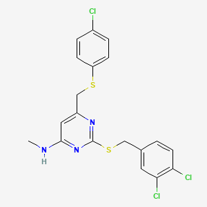 molecular formula C19H16Cl3N3S2 B2355835 N-{6-{[(4-chlorophenyl)sulfanyl]methyl}-2-[(3,4-dichlorobenzyl)sulfanyl]-4-pyrimidinyl}-N-methylamine CAS No. 478261-62-0