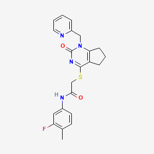 molecular formula C22H21FN4O2S B2356029 N-(3-fluoro-4-methylphenyl)-2-((2-oxo-1-(pyridin-2-ylmethyl)-2,5,6,7-tetrahydro-1H-cyclopenta[d]pyrimidin-4-yl)thio)acetamide CAS No. 933231-19-7