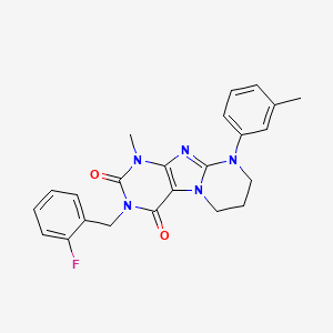 molecular formula C23H22FN5O2 B2356197 3-[(2-fluorophenyl)methyl]-1-methyl-9-(3-methylphenyl)-7,8-dihydro-6H-purino[7,8-a]pyrimidine-2,4-dione CAS No. 848278-74-0